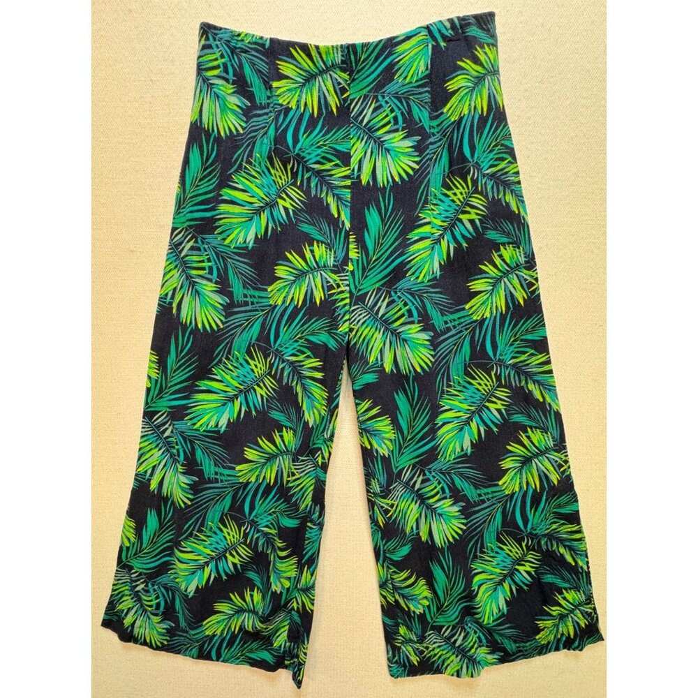 Soft Surroundings Women's Wide Leg Linen Capri Pants Size XS Blue Green Tropical